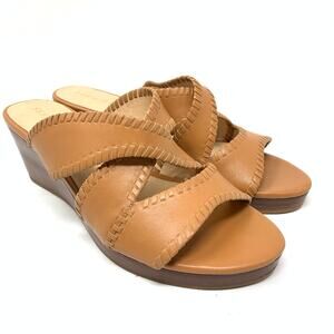 Jack Rogers Women's Size 10 Open Toe Jackie Wedge Heeled Sandal Brown Leather